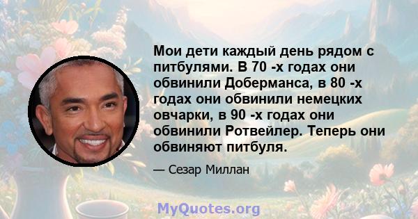 Мои дети каждый день рядом с питбулями. В 70 -х годах они обвинили Доберманса, в 80 -х годах они обвинили немецких овчарки, в 90 -х годах они обвинили Ротвейлер. Теперь они обвиняют питбуля.