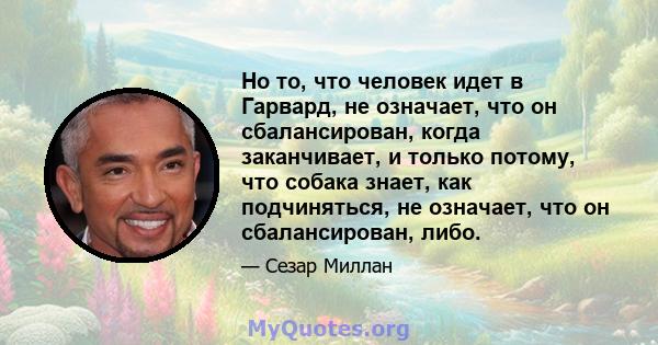 Но то, что человек идет в Гарвард, не означает, что он сбалансирован, когда заканчивает, и только потому, что собака знает, как подчиняться, не означает, что он сбалансирован, либо.