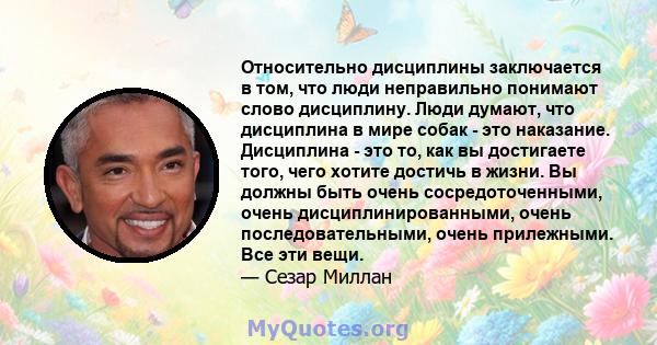 Относительно дисциплины заключается в том, что люди неправильно понимают слово дисциплину. Люди думают, что дисциплина в мире собак - это наказание. Дисциплина - это то, как вы достигаете того, чего хотите достичь в