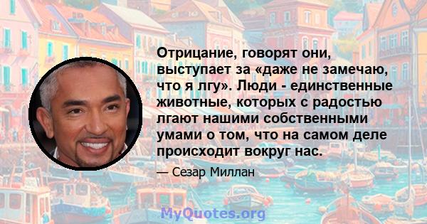 Отрицание, говорят они, выступает за «даже не замечаю, что я лгу». Люди - единственные животные, которых с радостью лгают нашими собственными умами о том, что на самом деле происходит вокруг нас.