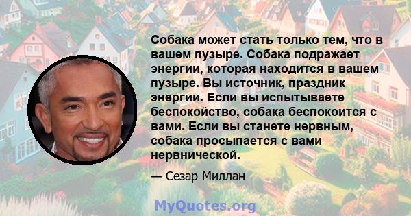 Собака может стать только тем, что в вашем пузыре. Собака подражает энергии, которая находится в вашем пузыре. Вы источник, праздник энергии. Если вы испытываете беспокойство, собака беспокоится с вами. Если вы станете