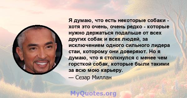 Я думаю, что есть некоторые собаки - хотя это очень, очень редко - которые нужно держаться подальше от всех других собак и всех людей, за исключением одного сильного лидера стаи, которому они доверяют. Но я думаю, что я 