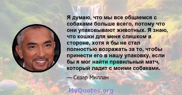 Я думаю, что мы все общаемся с собаками больше всего, потому что они упаковывают животных. Я знаю, что кошки для меня слишком в стороне, хотя я бы не стал полностью возражать за то, чтобы принести его в нашу упаковку,