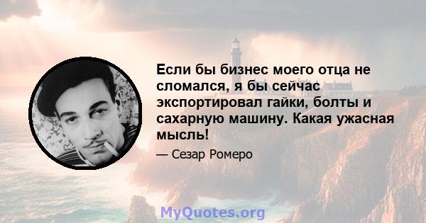 Если бы бизнес моего отца не сломался, я бы сейчас экспортировал гайки, болты и сахарную машину. Какая ужасная мысль!