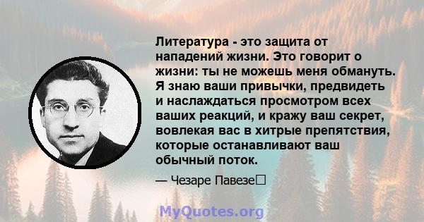 Литература - это защита от нападений жизни. Это говорит о жизни: ты не можешь меня обмануть. Я знаю ваши привычки, предвидеть и наслаждаться просмотром всех ваших реакций, и кражу ваш секрет, вовлекая вас в хитрые