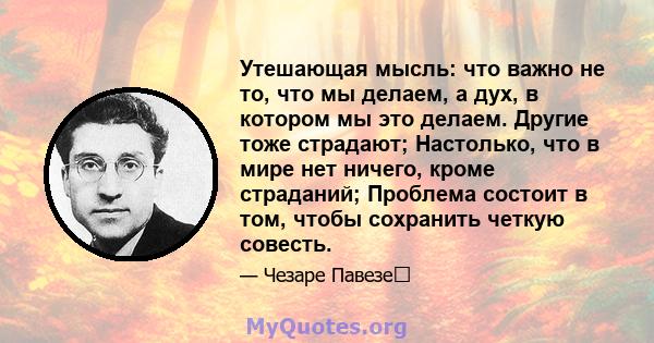 Утешающая мысль: что важно не то, что мы делаем, а дух, в котором мы это делаем. Другие тоже страдают; Настолько, что в мире нет ничего, кроме страданий; Проблема состоит в том, чтобы сохранить четкую совесть.