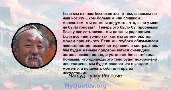 Если мы начнем беспокоиться о том, слишком ли наш нос слишком большим или слишком маленьким, мы должны подумать, что, если у меня не было головы? - Теперь это было бы проблемой! Пока у нас есть жизнь, мы должны