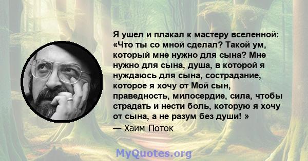 Я ушел и плакал к мастеру вселенной: «Что ты со мной сделал? Такой ум, который мне нужно для сына? Мне нужно для сына, душа, в которой я нуждаюсь для сына, сострадание, которое я хочу от Мой сын, праведность,