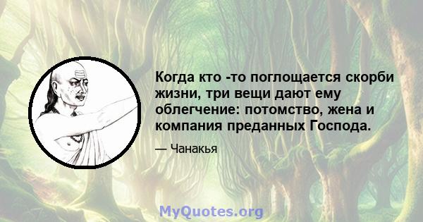 Когда кто -то поглощается скорби жизни, три вещи дают ему облегчение: потомство, жена и компания преданных Господа.