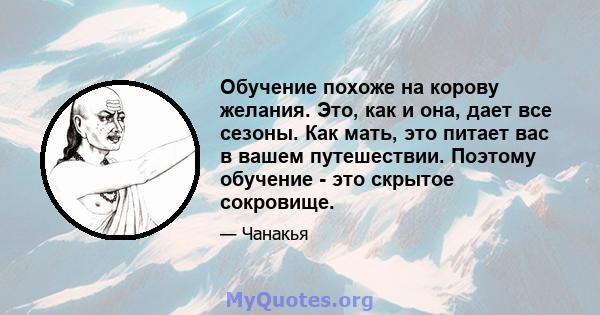 Обучение похоже на корову желания. Это, как и она, дает все сезоны. Как мать, это питает вас в вашем путешествии. Поэтому обучение - это скрытое сокровище.