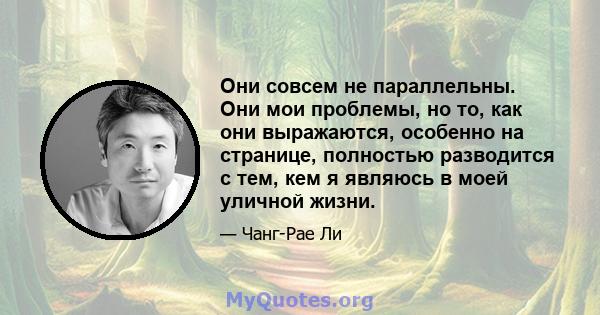 Они совсем не параллельны. Они мои проблемы, но то, как они выражаются, особенно на странице, полностью разводится с тем, кем я являюсь в моей уличной жизни.