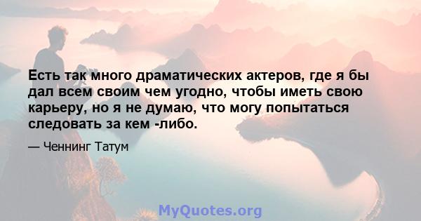 Есть так много драматических актеров, где я бы дал всем своим чем угодно, чтобы иметь свою карьеру, но я не думаю, что могу попытаться следовать за кем -либо.