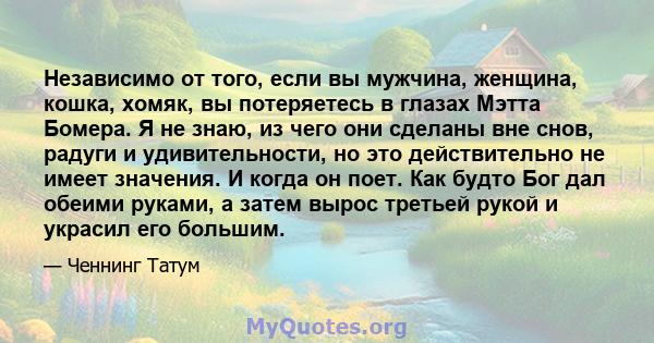 Независимо от того, если вы мужчина, женщина, кошка, хомяк, вы потеряетесь в глазах Мэтта Бомера. Я не знаю, из чего они сделаны вне снов, радуги и удивительности, но это действительно не имеет значения. И когда он