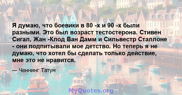 Я думаю, что боевики в 80 -х и 90 -х были разными. Это был возраст тестостерона. Стивен Сигал, Жан -Клод Ван Дамм и Сильвестр Сталлоне - они подпитывали мое детство. Но теперь я не думаю, что хотел бы сделать только