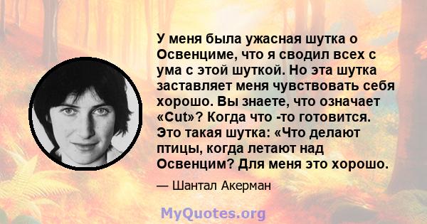 У меня была ужасная шутка о Освенциме, что я сводил всех с ума с этой шуткой. Но эта шутка заставляет меня чувствовать себя хорошо. Вы знаете, что означает «Cut»? Когда что -то готовится. Это такая шутка: «Что делают