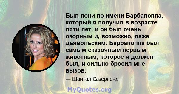 Был пони по имени Барбапоппа, который я получил в возрасте пяти лет, и он был очень озорным и, возможно, даже дьявольским. Барбапоппа был самым сказочным первым животным, которое я должен был, и сильно бросил мне вызов.