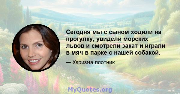 Сегодня мы с сыном ходили на прогулку, увидели морских львов и смотрели закат и играли в мяч в парке с нашей собакой.