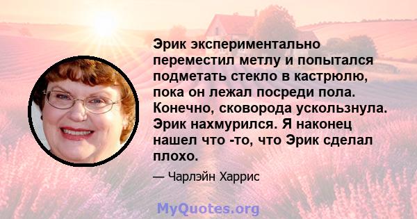 Эрик экспериментально переместил метлу и попытался подметать стекло в кастрюлю, пока он лежал посреди пола. Конечно, сковорода ускользнула. Эрик нахмурился. Я наконец нашел что -то, что Эрик сделал плохо.