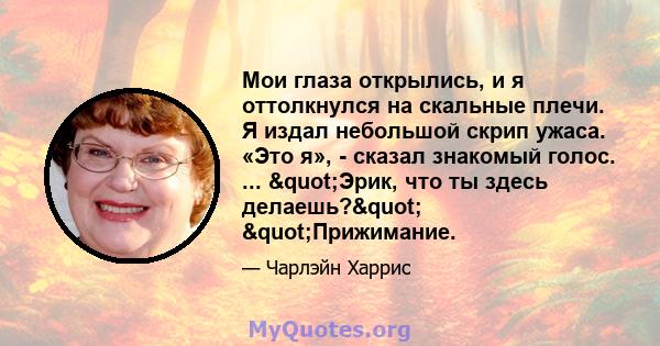 Мои глаза открылись, и я оттолкнулся на скальные плечи. Я издал небольшой скрип ужаса. «Это я», - сказал знакомый голос. ... "Эрик, что ты здесь делаешь?" "Прижимание.