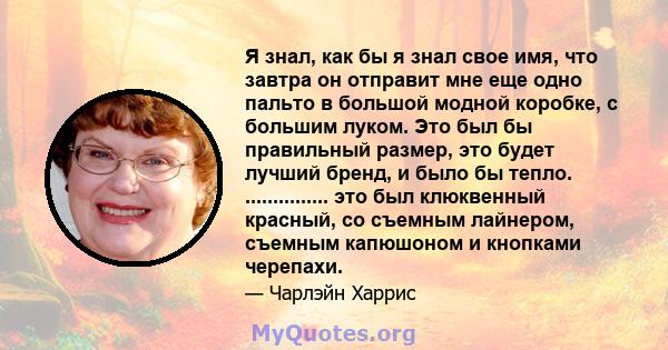 Я знал, как бы я знал свое имя, что завтра он отправит мне еще одно пальто в большой модной коробке, с большим луком. Это был бы правильный размер, это будет лучший бренд, и было бы тепло. ............... это был