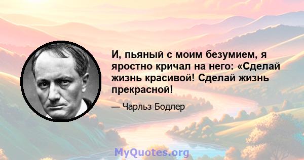 И, пьяный с моим безумием, я яростно кричал на него: «Сделай жизнь красивой! Сделай жизнь прекрасной!