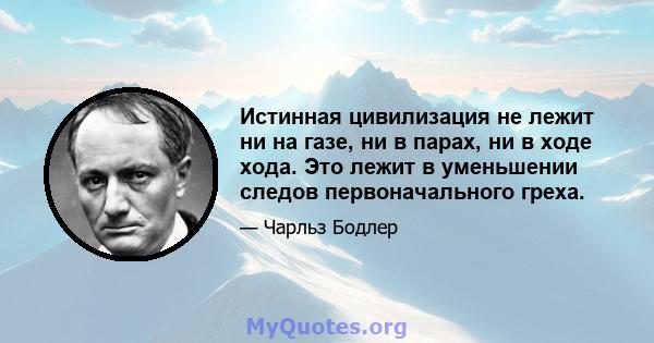 Истинная цивилизация не лежит ни на газе, ни в парах, ни в ходе хода. Это лежит в уменьшении следов первоначального греха.