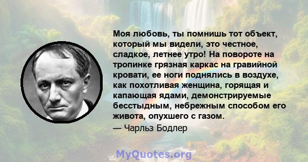 Моя любовь, ты помнишь тот объект, который мы видели, это честное, сладкое, летнее утро! На повороте на тропинке грязная каркас на гравийной кровати, ее ноги поднялись в воздухе, как похотливая женщина, горящая и