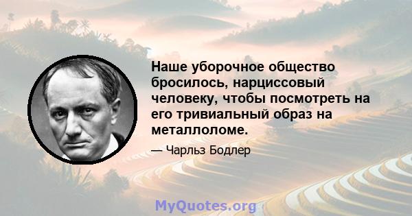 Наше уборочное общество бросилось, нарциссовый человеку, чтобы посмотреть на его тривиальный образ на металлоломе.