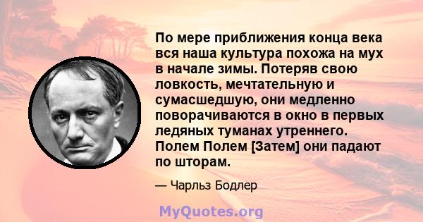 По мере приближения конца века вся наша культура похожа на мух в начале зимы. Потеряв свою ловкость, мечтательную и сумасшедшую, они медленно поворачиваются в окно в первых ледяных туманах утреннего. Полем Полем [Затем] 