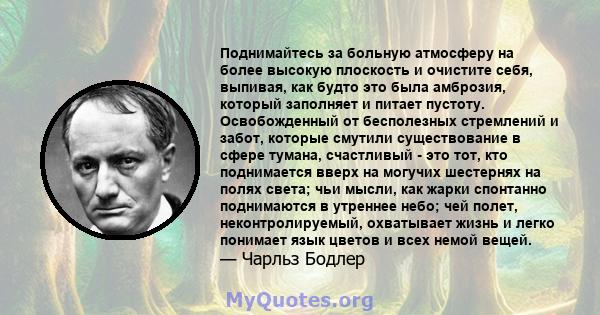 Поднимайтесь за больную атмосферу на более высокую плоскость и очистите себя, выпивая, как будто это была амброзия, который заполняет и питает пустоту. Освобожденный от бесполезных стремлений и забот, которые смутили