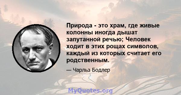 Природа - это храм, где живые колонны иногда дышат запутанной речью; Человек ходит в этих рощах символов, каждый из которых считает его родственным.