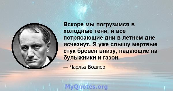 Вскоре мы погрузимся в холодные тени, и все потрясающие дни в летнем дне исчезнут. Я уже слышу мертвые стук бревен внизу, падающие на булыжники и газон.