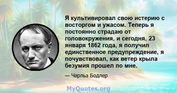 Я культивировал свою истерию с восторгом и ужасом. Теперь я постоянно страдаю от головокружения, и сегодня, 23 января 1862 года, я получил единственное предупреждение, я почувствовал, как ветер крыла безумия прошел по