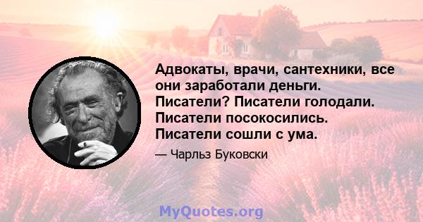 Адвокаты, врачи, сантехники, все они заработали деньги. Писатели? Писатели голодали. Писатели посокосились. Писатели сошли с ума.