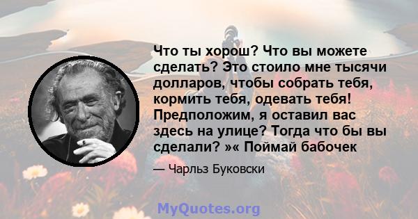 Что ты хорош? Что вы можете сделать? Это стоило мне тысячи долларов, чтобы собрать тебя, кормить тебя, одевать тебя! Предположим, я оставил вас здесь на улице? Тогда что бы вы сделали? »« Поймай бабочек