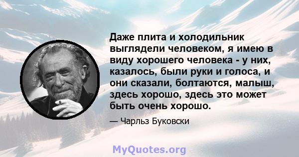 Даже плита и холодильник выглядели человеком, я имею в виду хорошего человека - у них, казалось, были руки и голоса, и они сказали, болтаются, малыш, здесь хорошо, здесь это может быть очень хорошо.