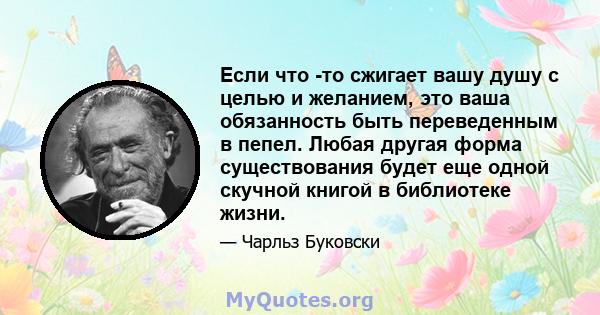 Если что -то сжигает вашу душу с целью и желанием, это ваша обязанность быть переведенным в пепел. Любая другая форма существования будет еще одной скучной книгой в библиотеке жизни.