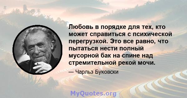 Любовь в порядке для тех, кто может справиться с психической перегрузкой. Это все равно, что пытаться нести полный мусорной бак на спине над стремительной рекой мочи.