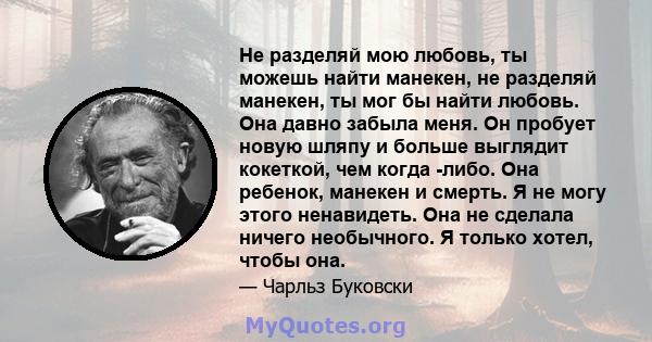 Не разделяй мою любовь, ты можешь найти манекен, не разделяй манекен, ты мог бы найти любовь. Она давно забыла меня. Он пробует новую шляпу и больше выглядит кокеткой, чем когда -либо. Она ребенок, манекен и смерть. Я