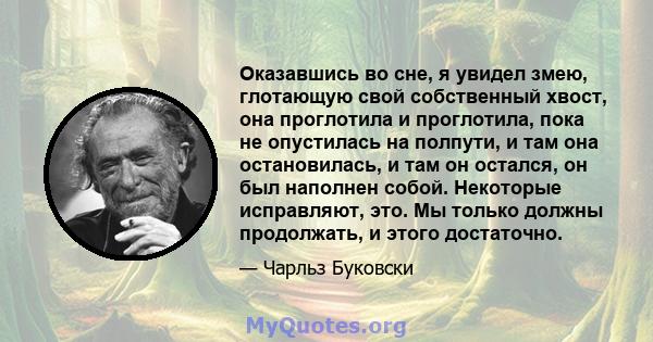 Оказавшись во сне, я увидел змею, глотающую свой собственный хвост, она проглотила и проглотила, пока не опустилась на полпути, и там она остановилась, и там он остался, он был наполнен собой. Некоторые исправляют, это. 