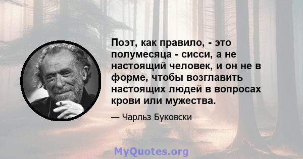 Поэт, как правило, - это полумесяца - сисси, а не настоящий человек, и он не в форме, чтобы возглавить настоящих людей в вопросах крови или мужества.