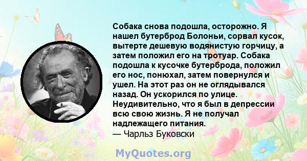 Собака снова подошла, осторожно. Я нашел бутерброд Болоньи, сорвал кусок, вытерте дешевую водянистую горчицу, а затем положил его на тротуар. Собака подошла к кусочке бутерброда, положил его нос, понюхал, затем