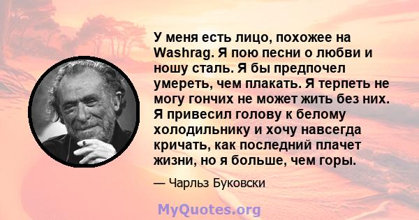 У меня есть лицо, похожее на Washrag. Я пою песни о любви и ношу сталь. Я бы предпочел умереть, чем плакать. Я терпеть не могу гончих не может жить без них. Я привесил голову к белому холодильнику и хочу навсегда