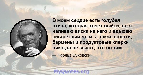 В моем сердце есть голубая птица, которая хочет выйти, но я наливаю виски на него и вдыхаю сигаретный дым, а также шлюхи, бармены и продуктовые клерки никогда не знают, что он там.