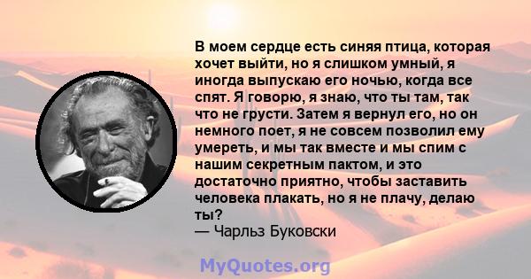 В моем сердце есть синяя птица, которая хочет выйти, но я слишком умный, я иногда выпускаю его ночью, когда все спят. Я говорю, я знаю, что ты там, так что не грусти. Затем я вернул его, но он немного поет, я не совсем