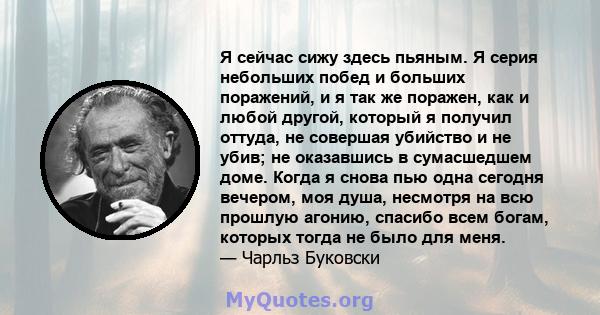 Я сейчас сижу здесь пьяным. Я серия небольших побед и больших поражений, и я так же поражен, как и любой другой, который я получил оттуда, не совершая убийство и не убив; не оказавшись в сумасшедшем доме. Когда я снова