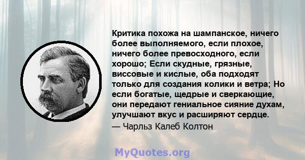 Критика похожа на шампанское, ничего более выполняемого, если плохое, ничего более превосходного, если хорошо; Если скудные, грязные, виссовые и кислые, оба подходят только для создания колики и ветра; Но если богатые,