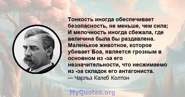 Тонкость иногда обеспечивает безопасность, не меньше, чем сила; И мелочность иногда сбежала, где величина была бы раздавлена. Маленькое животное, которое убивает Боа, является грозным в основном из -за его