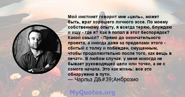 Мой инстинкт говорит мне «цель», может быть, враг хорошего личного эссе. По моему собственному опыту, я всегда теряю, блуждаю и ищу - где я? Как я попал в этот беспорядок? Какой смысл? - Прямо до окончательного проекта, 