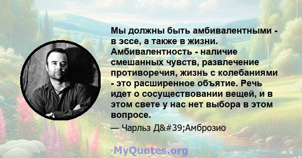 Мы должны быть амбивалентными - в эссе, а также в жизни. Амбивалентность - наличие смешанных чувств, развлечение противоречия, жизнь с колебаниями - это расширенное объятие. Речь идет о сосуществовании вещей, и в этом